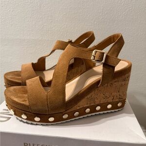 Women's Brown Suede Cork Wedge Sandals with Studded Trim